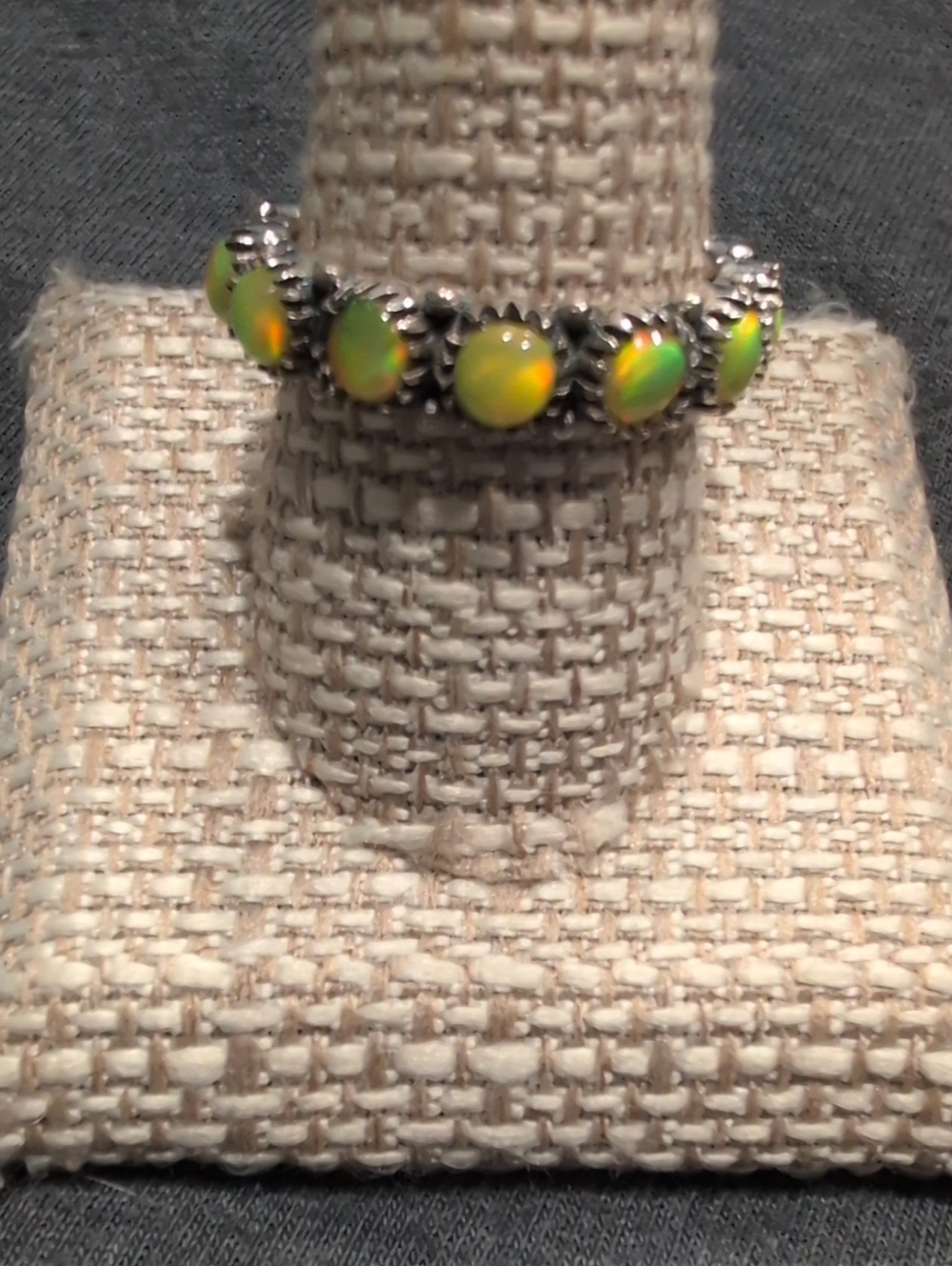 Silver Tone Green Opal Cabochon Band Ring